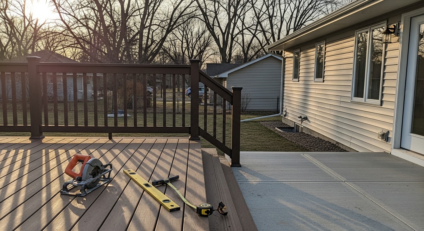 New composite deck with railing overlooking a backyard