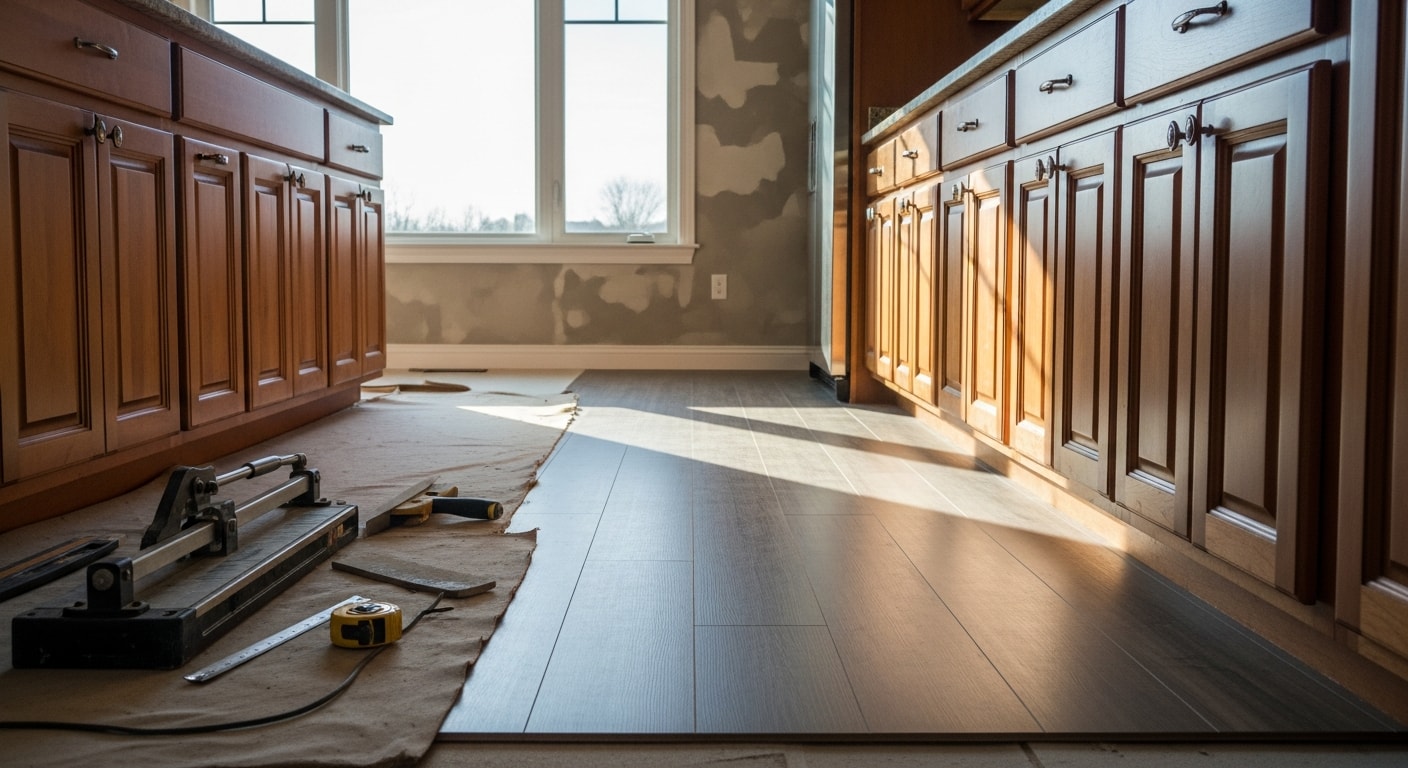 Newly installed tile flooring in a kitchen