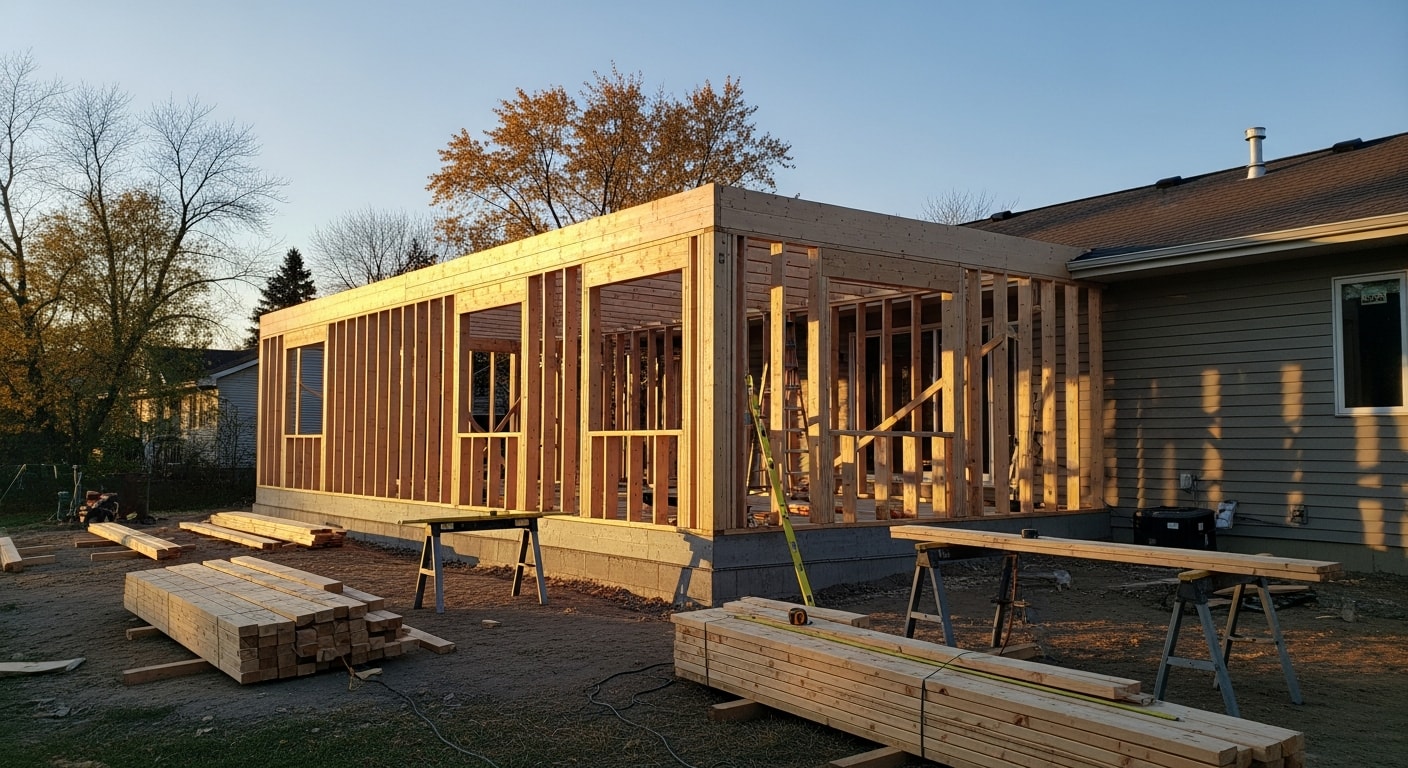 New home addition with matching siding and roofline
