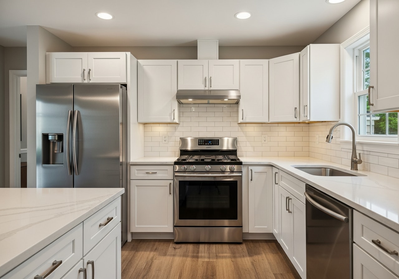 Modern kitchen with white custom cabinets, quartz countertops, and subway tile backsplash in Roseville home