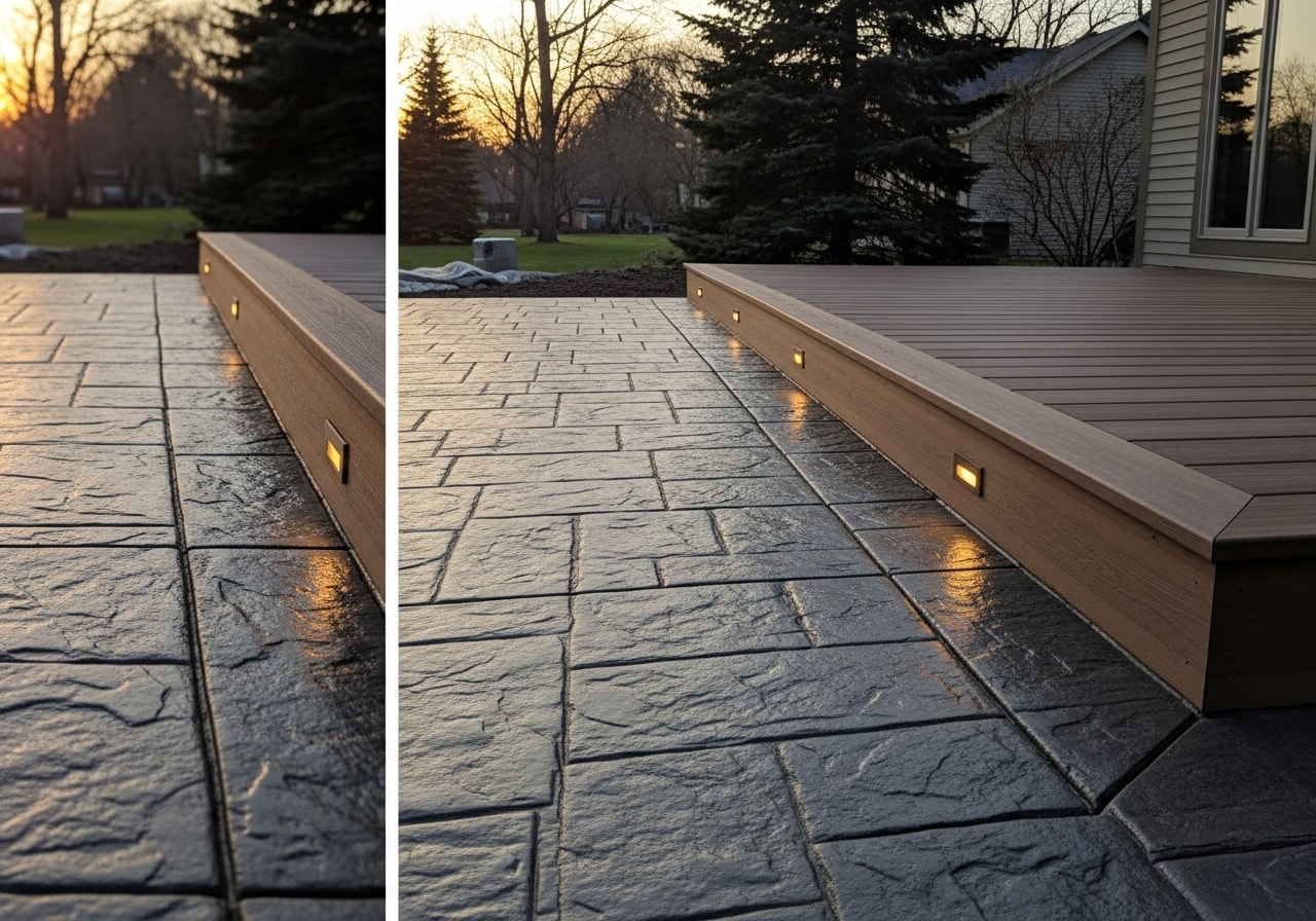 Composite deck with lighting and stamped concrete patio in backyard of North Oaks residence