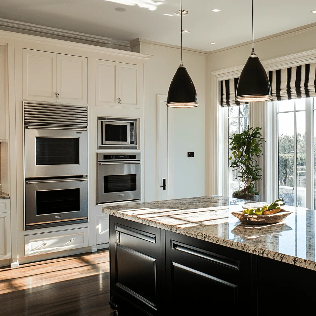 Modern kitchen with cream cabinets, black island, granite counters, and stainless steel appliances