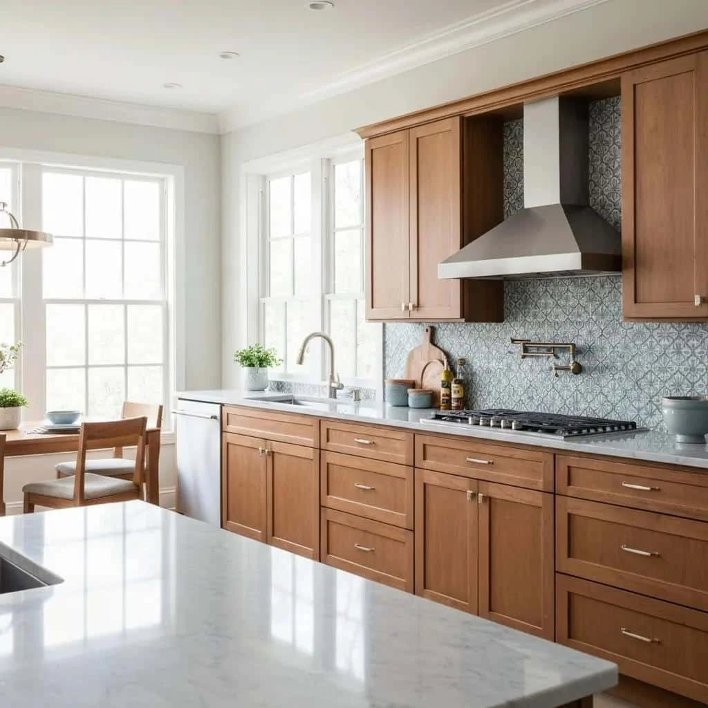 Modern kitchen with cherry cabinets, marble counters, and patterned tile backsplash