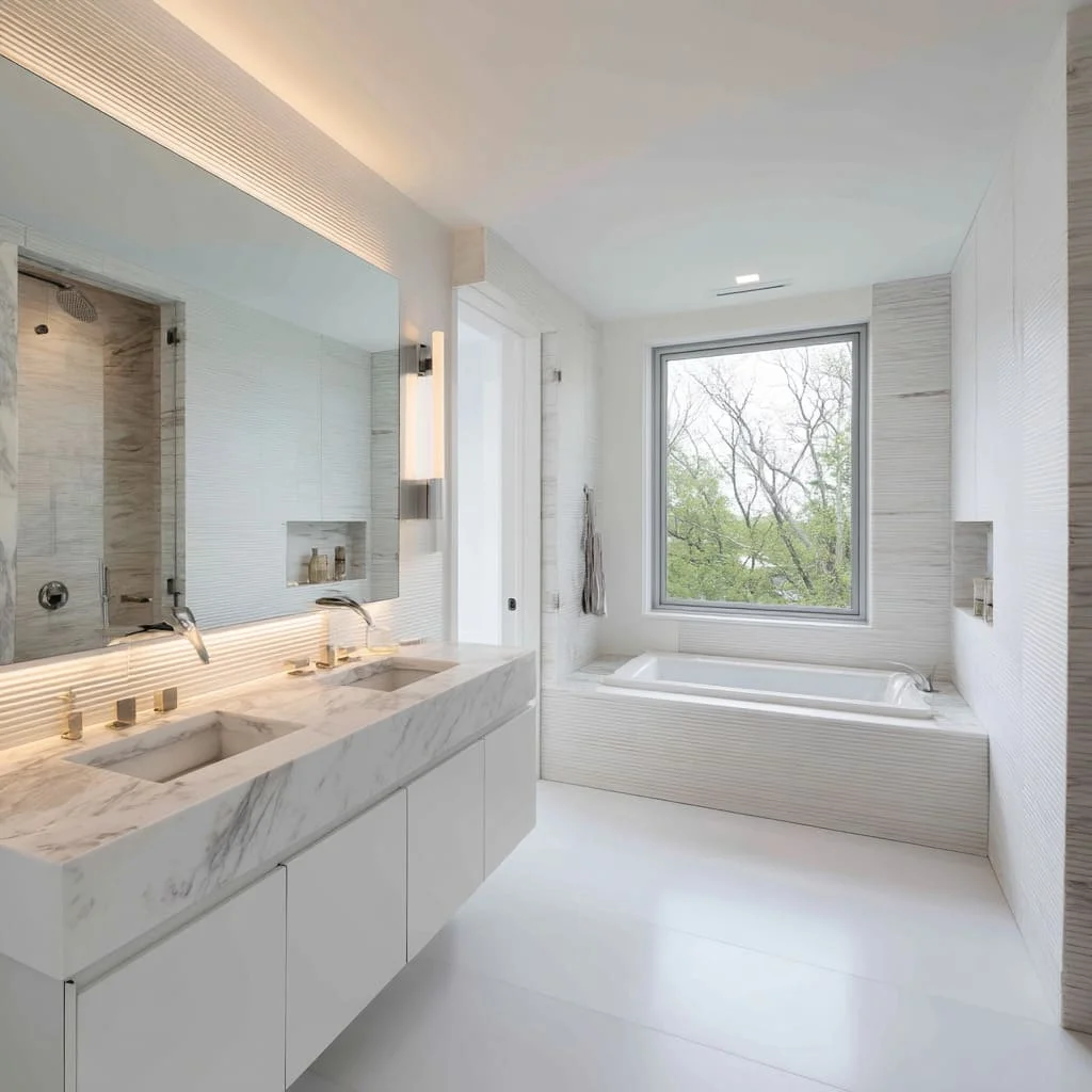 Modern bathroom with marble vanity, white tile walls, and soaking tub with window view