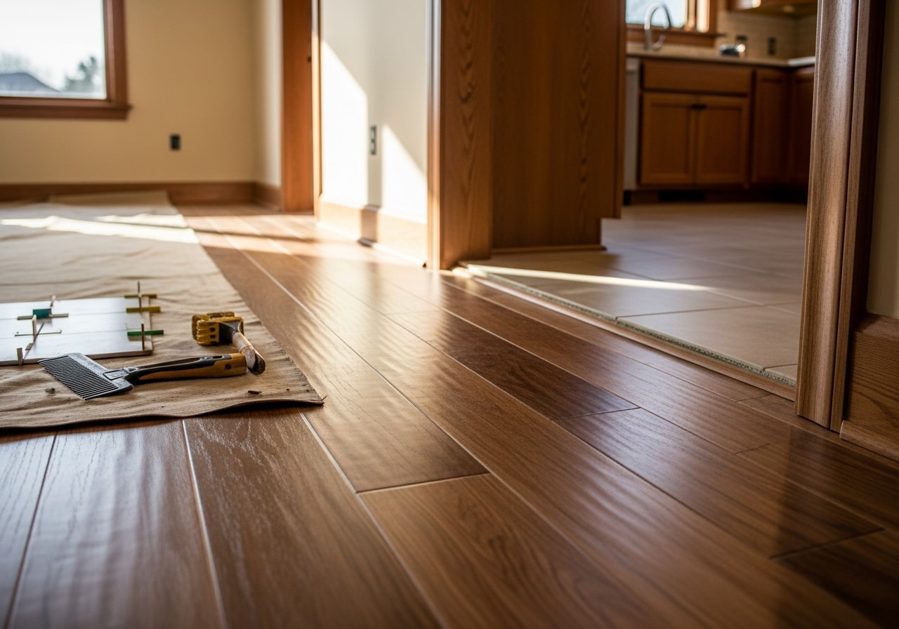 Engineered hardwood flooring in living room with ceramic tile visible in kitchen area, Stillwater home
