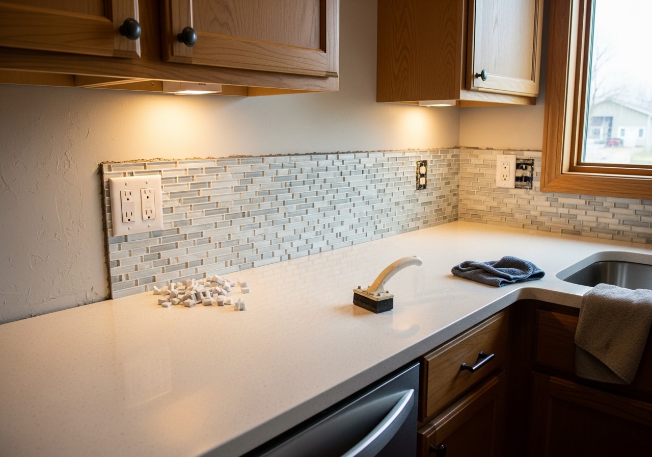 Modern kitchen with quartz countertops and glass tile backsplash in Elk River home