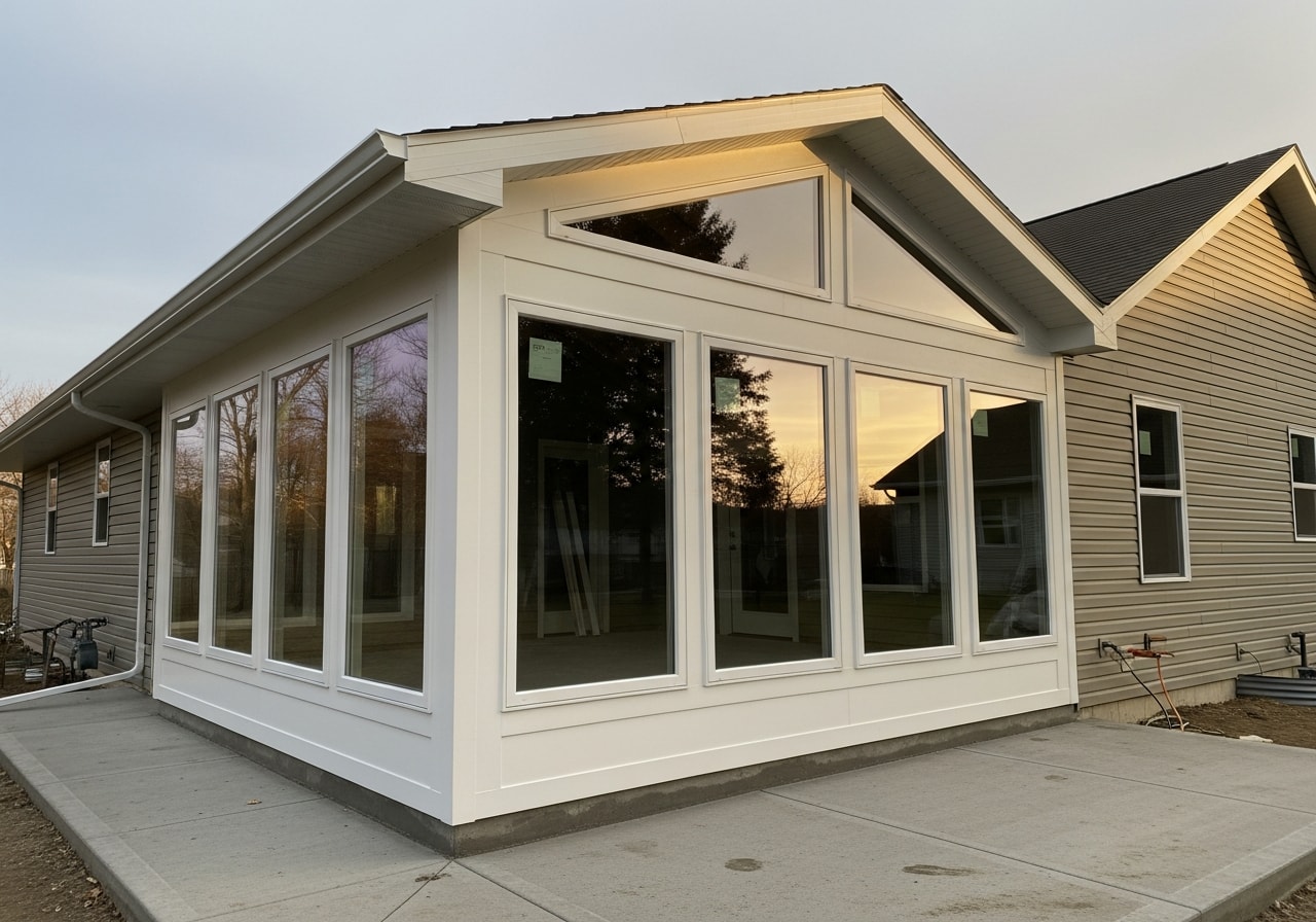 Bright sunroom addition with multiple large windows and vaulted ceiling in Forest Lake home