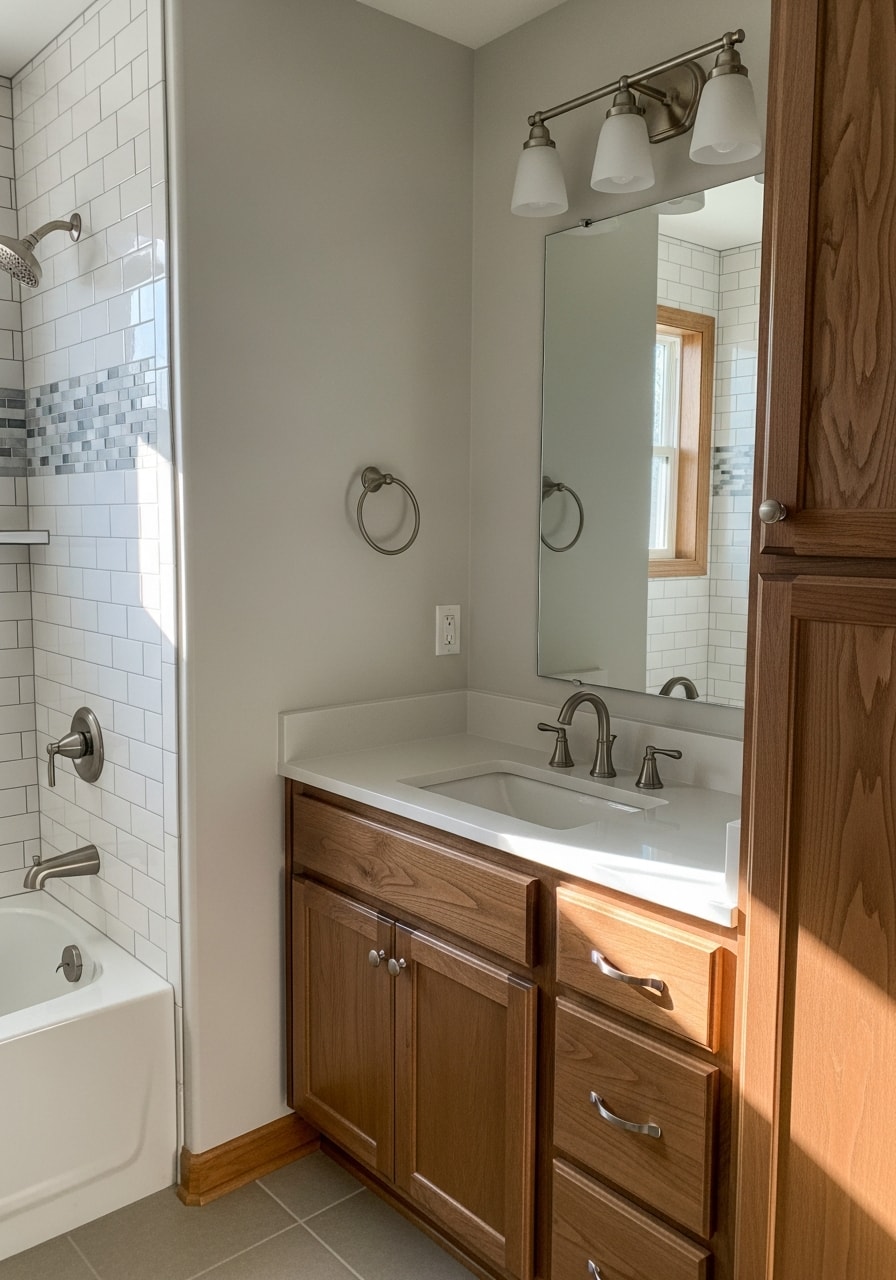 Newly renovated bathroom with tile flooring and updated fixtures in Big Lake residence