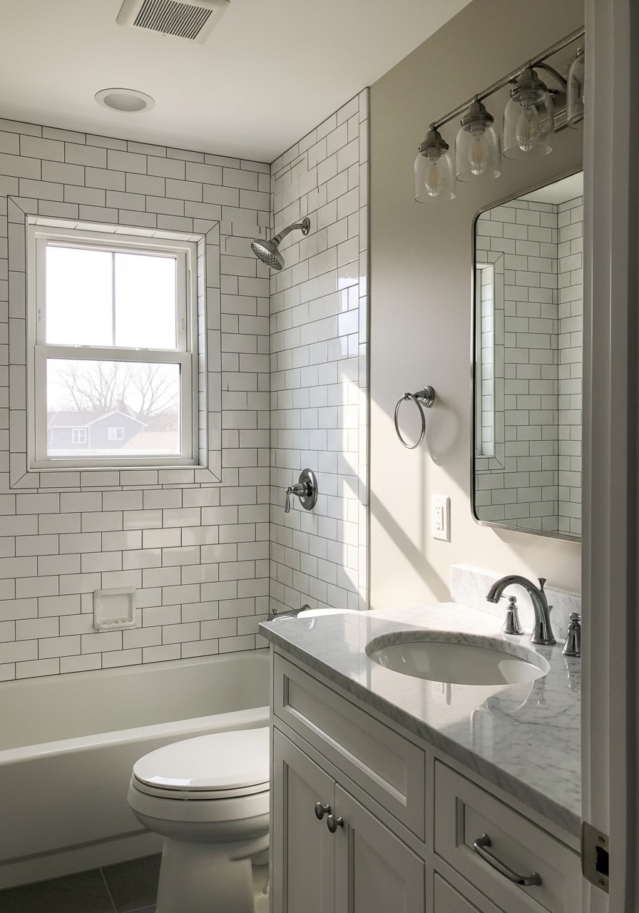 Newly renovated bathroom in Maple Grove featuring tile flooring and updated fixtures