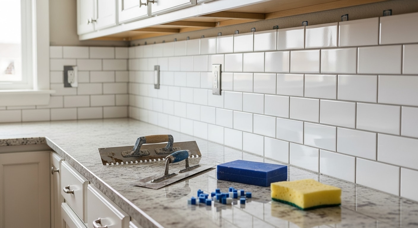 Freshly installed tile backsplash on the kitchen wall of a North Oaks, MN home, showing clean grout lines and a smooth finish behind the countertop. The backsplash runs from the countertop surface to the upper cabinets, with consistent tile alignment throughout.