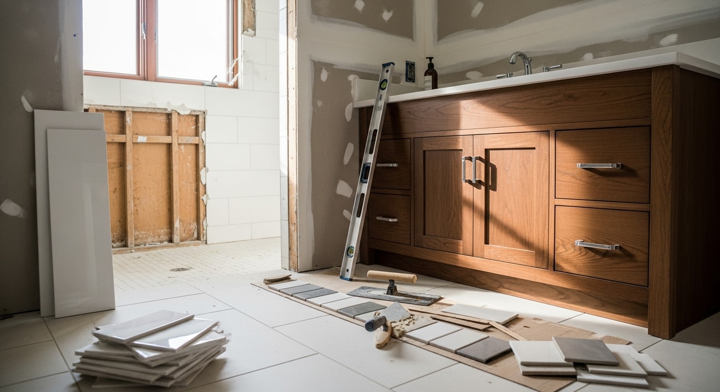 A remodeled bathroom inside a North Oaks, MN single-family home featuring a walk-in tile shower, updated vanity with storage, and new flooring. The space reflects a clean, functional layout suited to an established residential property.