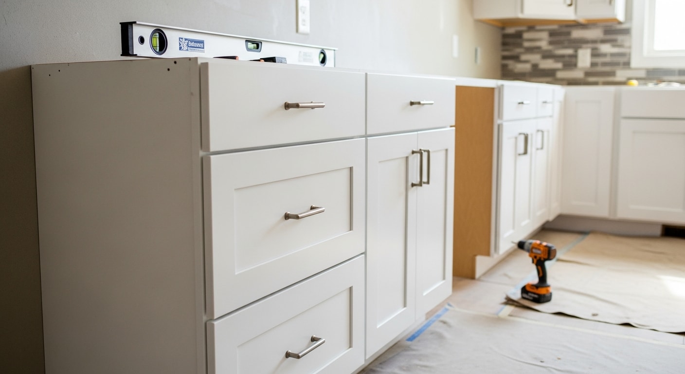 Newly installed white shaker kitchen cabinets with soft-close doors and matching hardware in a North Oaks, MN home kitchen. Base and wall cabinet runs are fully mounted, level, and ready for countertop installation.