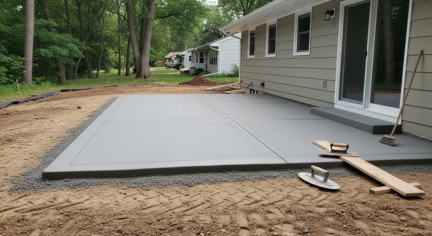 A finished concrete patio installed behind a large residential home in North Oaks, MN, with a smooth brushed surface and clean edges bordered by a wooded backyard. The slab extends from the rear door across a level graded area, showing the completed exterior remodeling work by Wighty's Remodeling LLC.