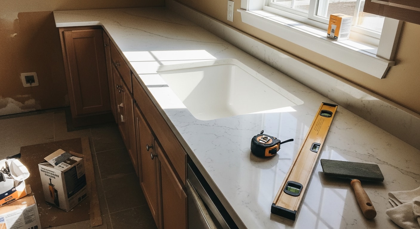 Newly installed countertop on a kitchen island inside a North Oaks, Minnesota home, showing clean edge profiles and a fitted undermount sink cutout. The surrounding cabinetry and hardwood flooring reflect the custom-built interior style common to North Oaks residential remodels.