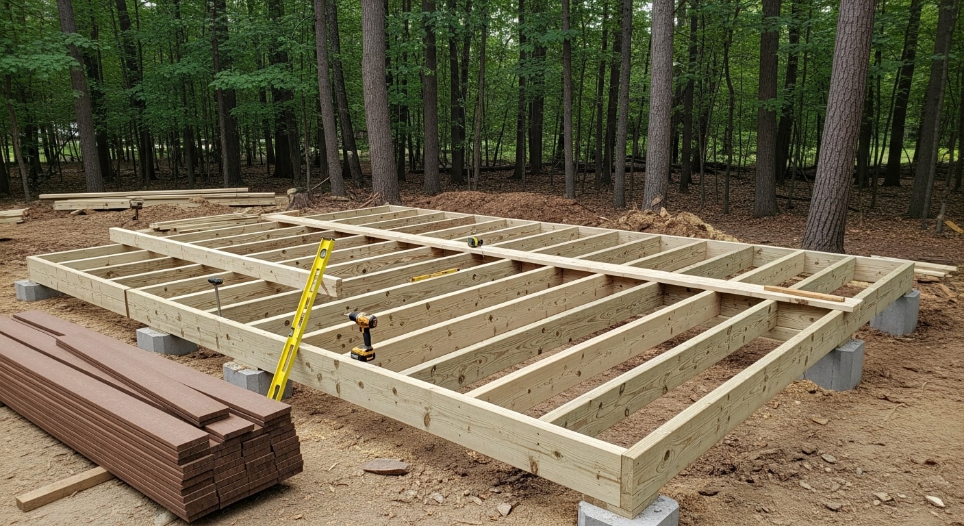 A newly installed wood-framed deck with railing attached to the back of a large single-family home on a wooded lot in North Oaks, Minnesota. The deck extends over a natural grade change with mature trees visible in the background.