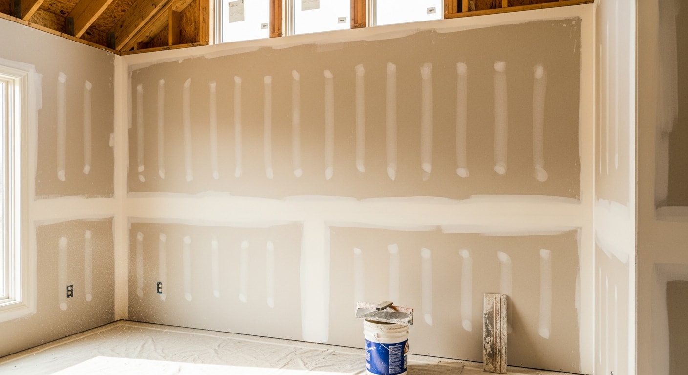Freshly finished interior drywall walls in a North Oaks home addition showing smooth, seam-free surfaces ready for paint. Corner bead and flat joints are fully concealed with no visible compound ridges.