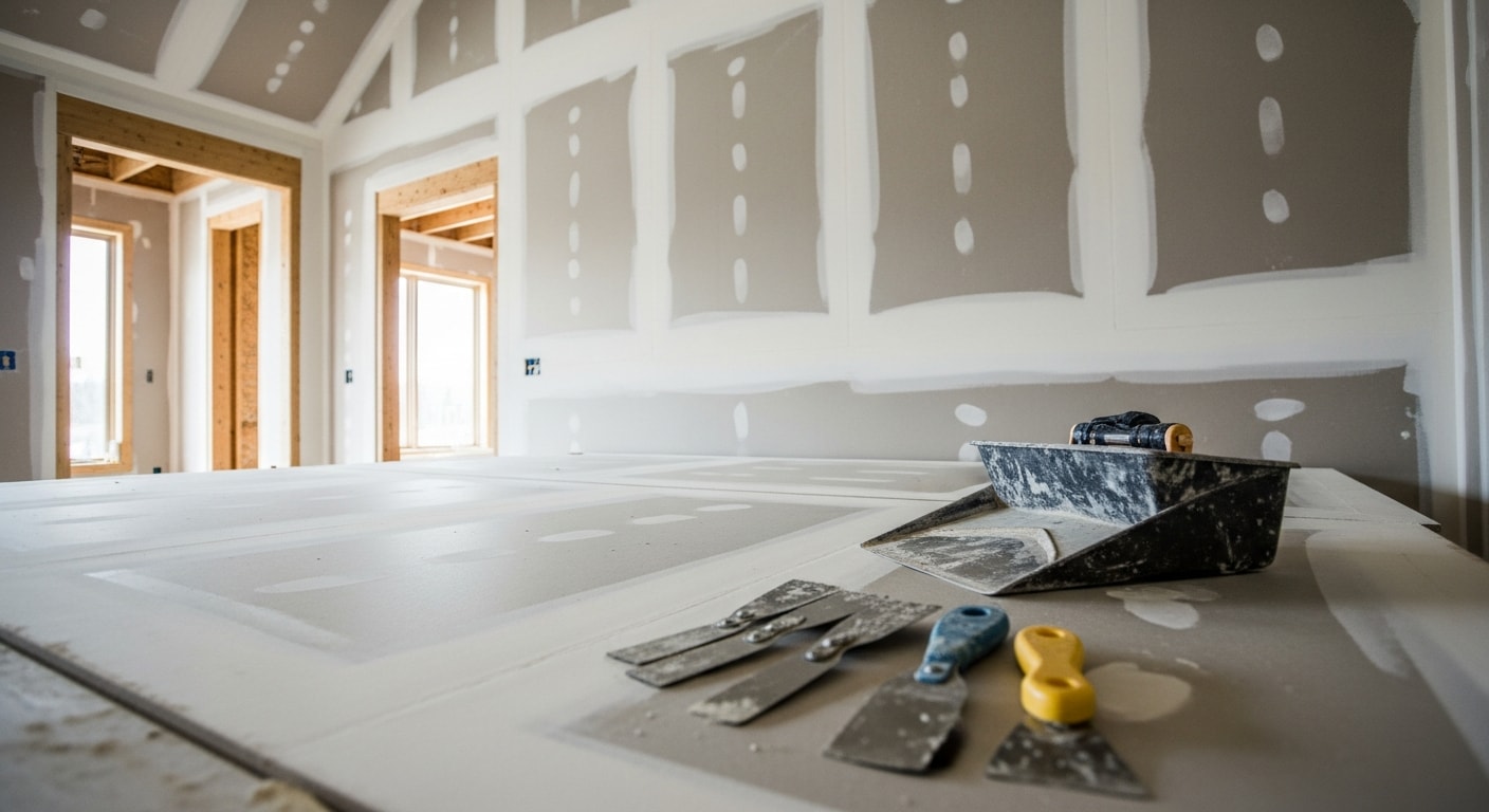 Freshly installed and taped drywall covering the walls and ceiling of a large room addition in a North Oaks home. Smooth mud coats cover all seams and fasteners, with the surface ready for primer and paint.