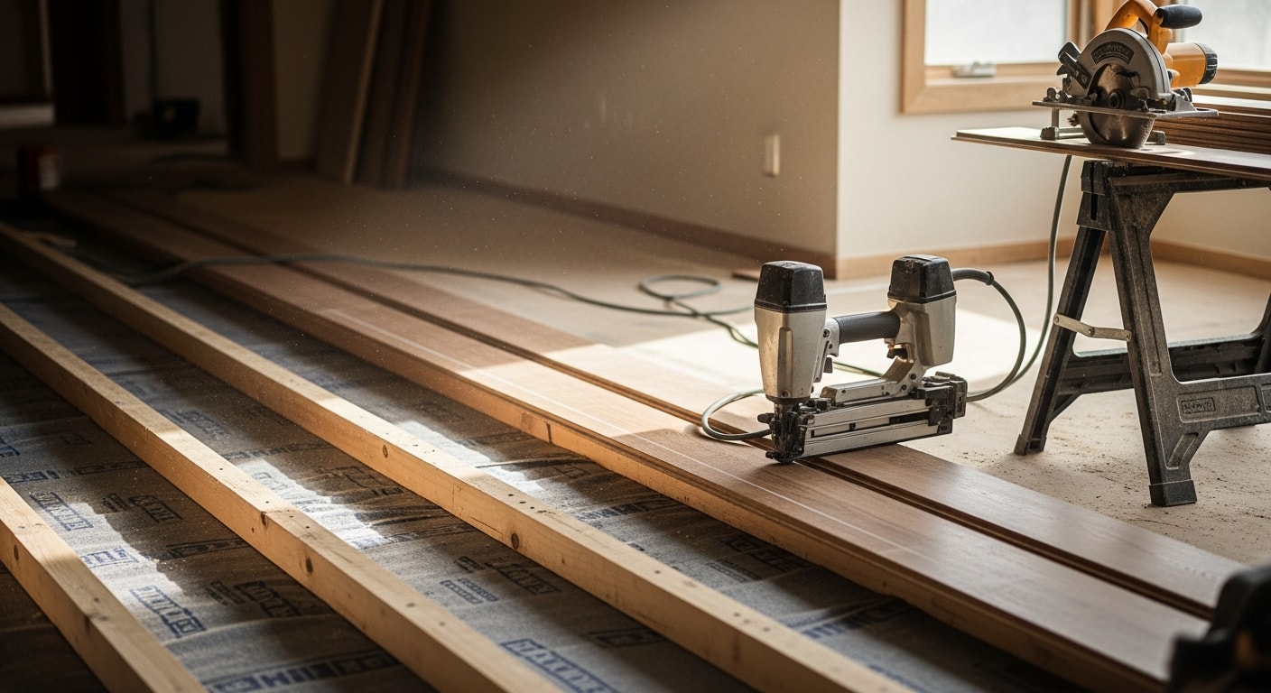 Newly installed hardwood flooring in a North Oaks home with natural light coming through large windows and clean trim along the baseboards. The floor surface is smooth and even, showing tight seams and consistent finish throughout the room.