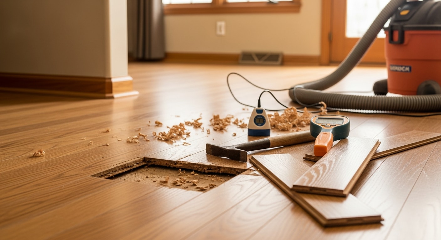 A repaired hardwood floor section in a North Oaks, MN home showing a smooth, even surface with boards matched to the surrounding original flooring. Close-up view of the finished repair area in a residential living room.