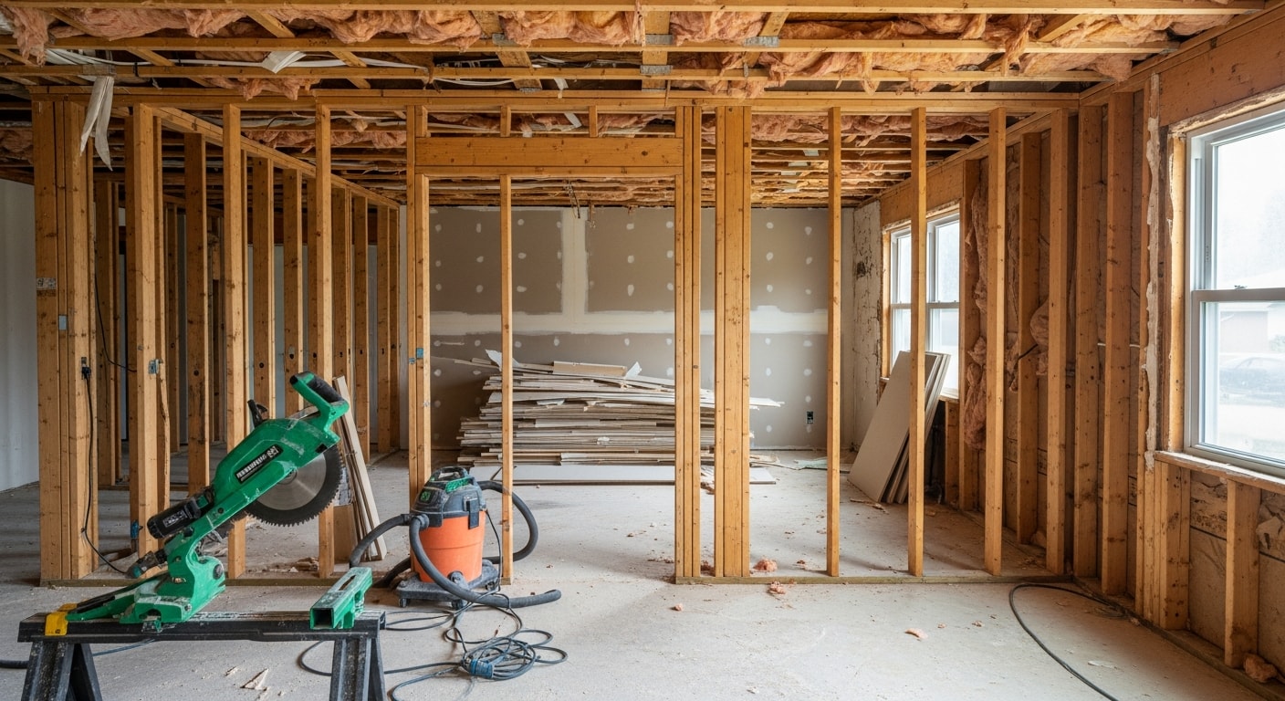 Interior of a North Oaks home mid-demolition, with walls stripped to the studs and flooring removed in preparation for a structural remodel. A clean, debris-free workspace shows the area ready for the next phase of construction.