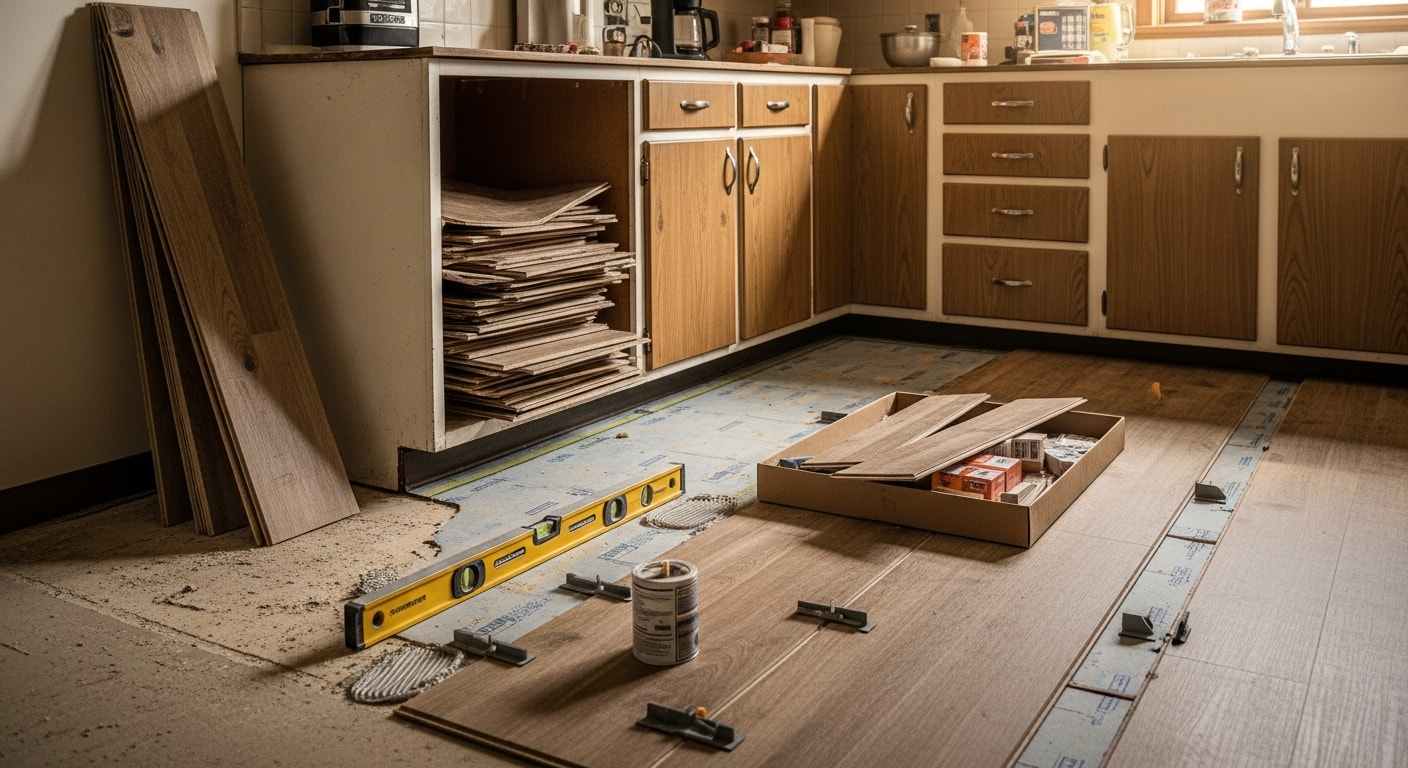Newly installed kitchen flooring in a North Oaks home, showing clean material cuts around base cabinets and a smooth, level surface throughout the kitchen space. The finished floor runs evenly from the cooking area into the adjacent dining space.