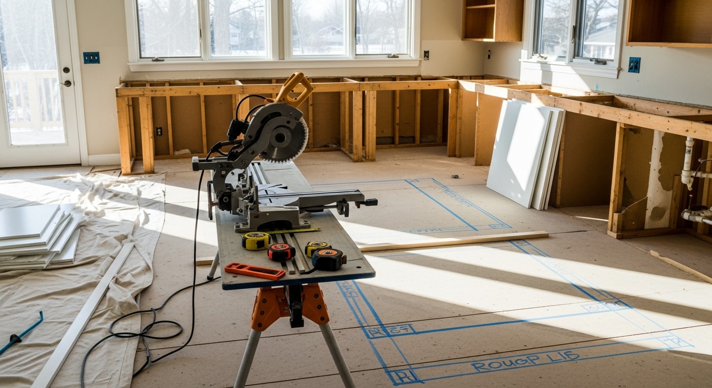 A fully remodeled kitchen inside a North Oaks, MN home featuring new cabinetry, updated countertops, and hardwood flooring. The open layout connects to the main living area with natural light coming through the windows.