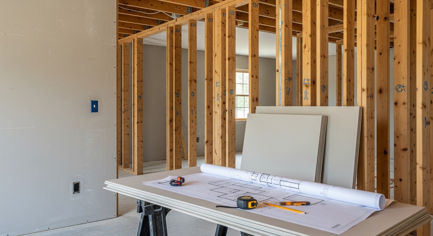 A Wightys Remodeling LLC consultant reviewing structural plans with a North Oaks homeowner inside a single-family home during a remodeling consultation. The home shows an existing open-concept layout being evaluated for a potential addition.