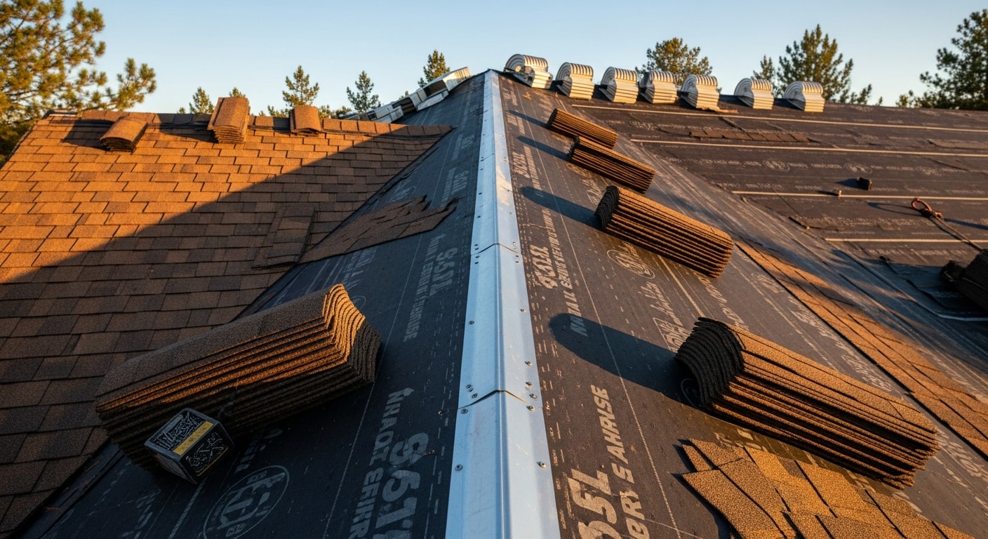 A newly installed residential roof on a North Oaks, Minnesota home surrounded by mature trees, showing clean shingle lines, finished ridge cap, and metal drip edge along the eaves. The exterior remodeling work by Wighty's Remodeling LLC reflects a full roof replacement completed for a single-family property in North Oaks.