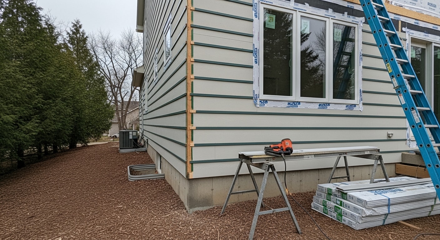 Freshly installed siding on a North Oaks, Minnesota residential home surrounded by mature trees, showing clean panel lines and updated exterior trim. The completed installation reflects a durable, low-maintenance exterior suited to the wooded setting and Minnesota climate.