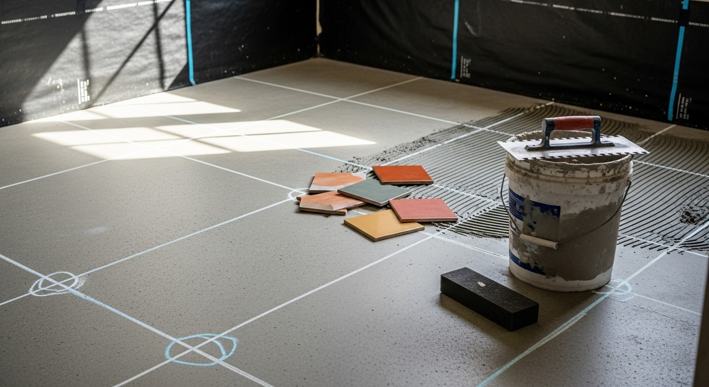 Freshly installed tile flooring in a North Oaks home bathroom, showing clean grout lines and a level surface. The tile runs from the entryway threshold to the base of a freestanding vanity.