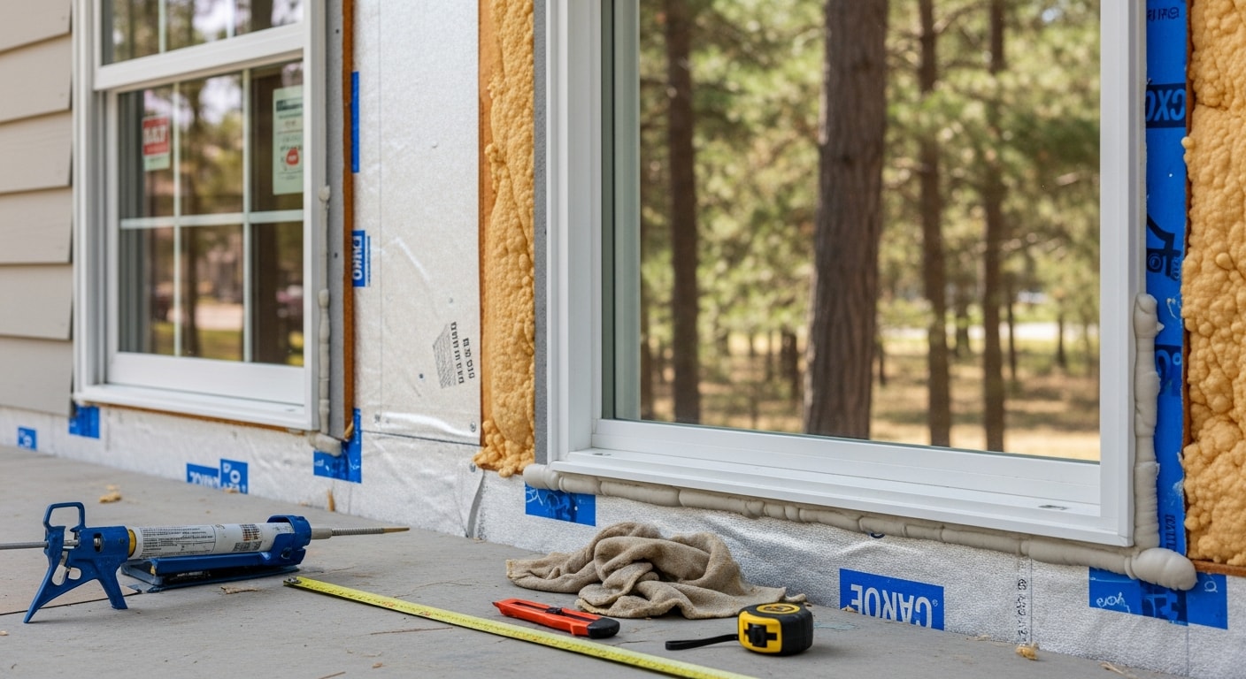Newly installed windows on a wooded North Oaks, Minnesota home exterior, showing clean trim lines and weatherproof sealing around the frame. The surrounding tree coverage and traditional home siding reflect the typical estate-style construction found in North Oaks.